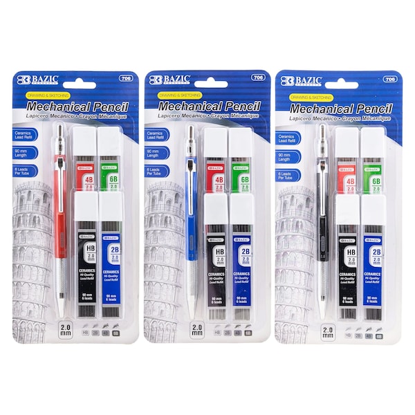 Bazic Products Mechanical Pencil with HB, 2B, 4B & 6B Lead, 2.0mm, Assorted Barrel Color, 3PK 706 - main